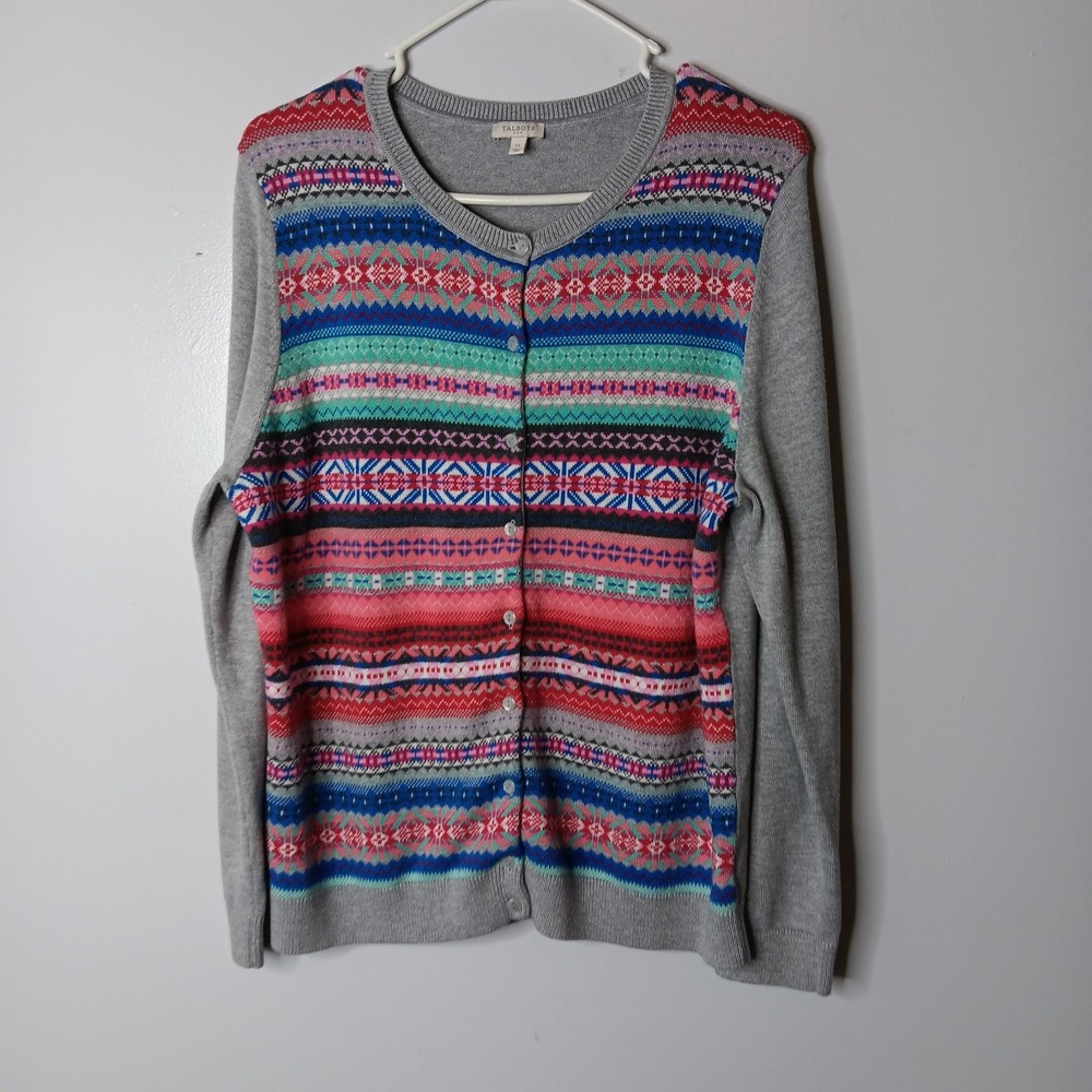 Talbots Cardigan Womens Size XL Multicolor Fair Isle Nordic Festive Winter Layer